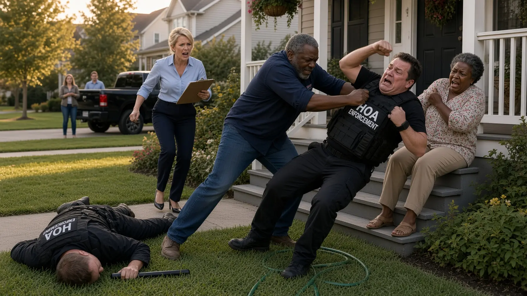 THE HOA SENT TWO “ENFORCEMENT OFFICERS” TO OUR PORCH—THEN REAL SIRENS TURNED ONTO OUR STREET