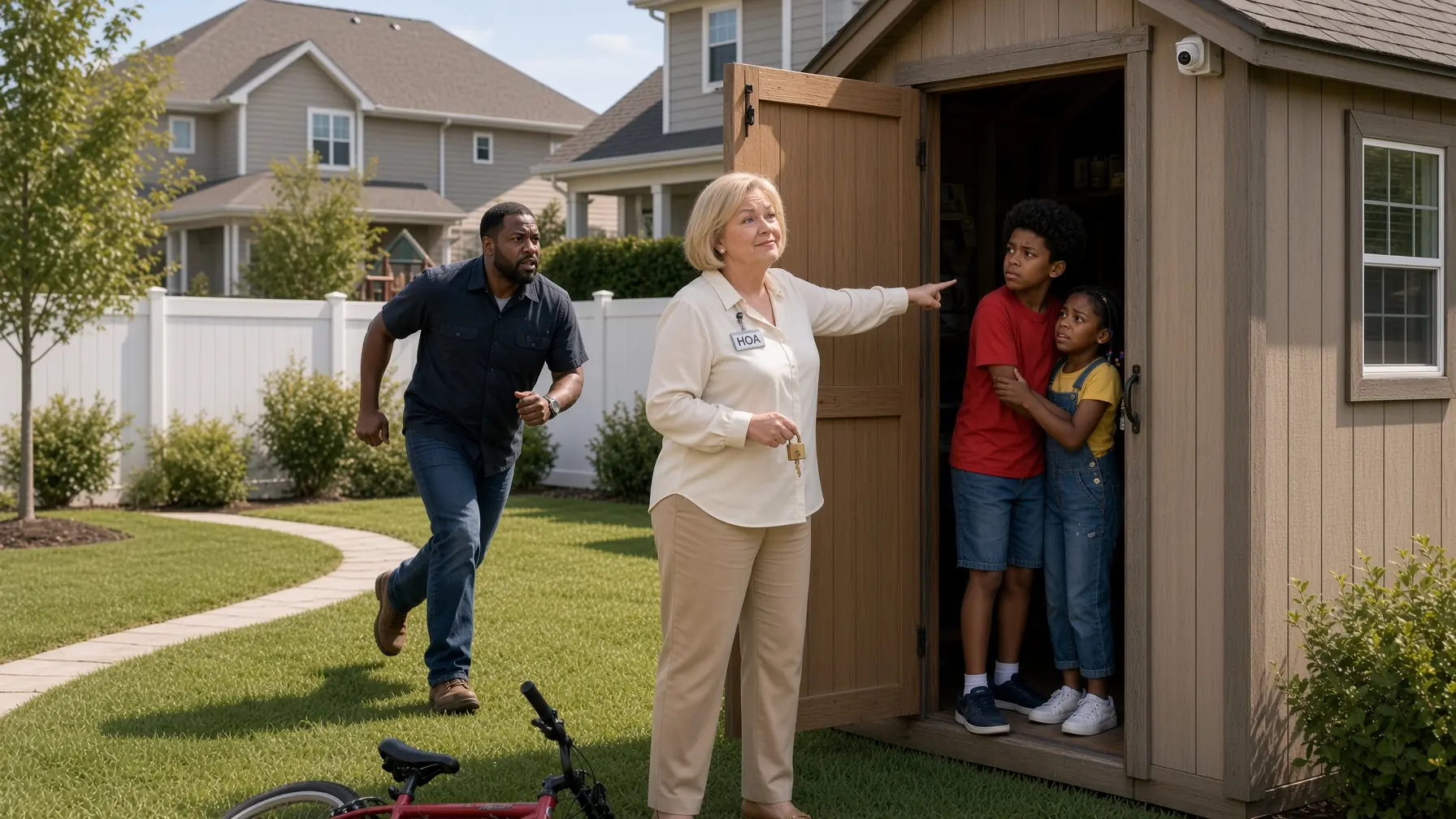 THE HOA PRESIDENT LOCKED TWO KIDS IN A SHED—THEN THEIR FATHER POINTED ABOVE HER HEAD