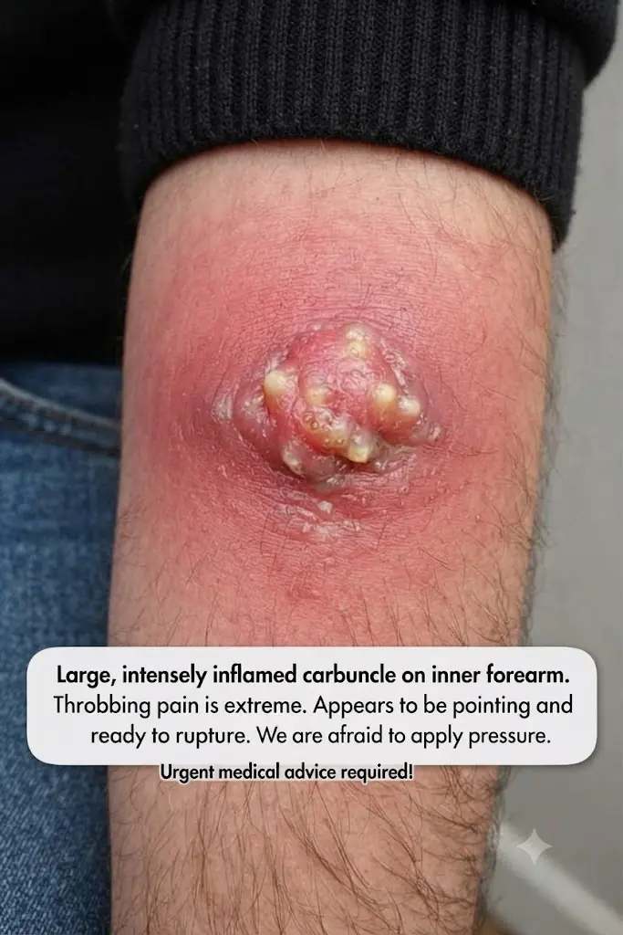 Husband has this massive angry red lump on his thigh that is throbbing with pain. It looks ready to burst but we are scared to touch it. Help needed asap!