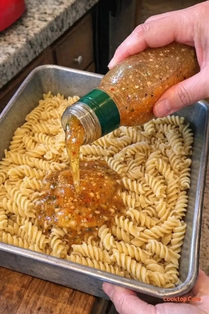 Pour zesty italian dressing and these 3 ingredients over elbow macaroni into a baking pan for a tangy dish everyone asks you to make again