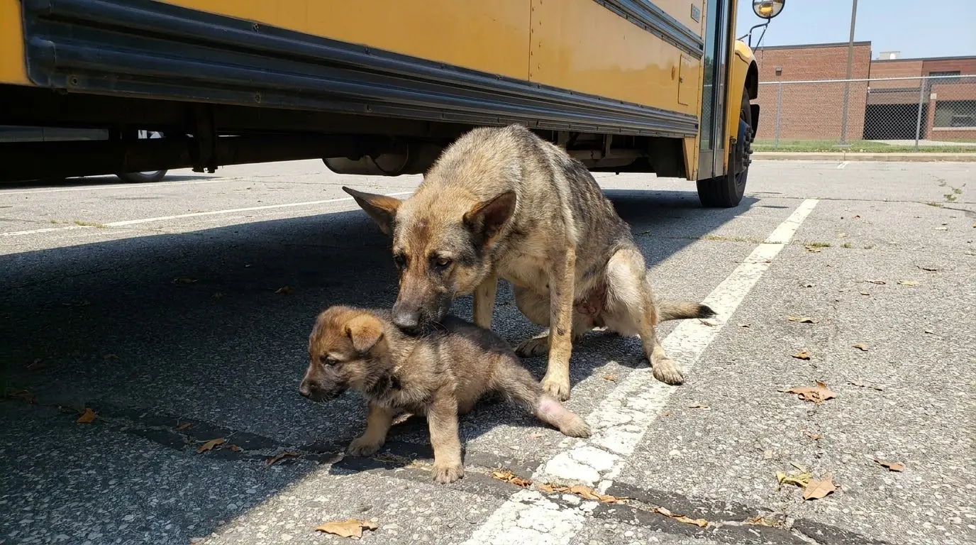 Every Time Her Injured Puppy Crawled Out From Under the School Bus, This Stray Mother Dog Pushed Him Back Into the Shade