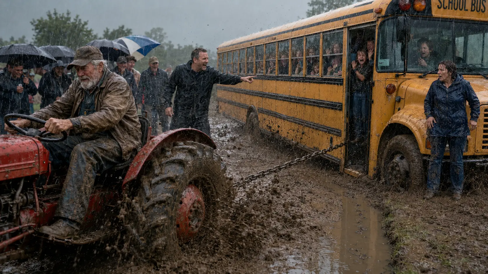 THEY LAUGHED AT HIS OLD RED TRACTOR BESIDE THE STRANDED SCHOOL BUS—UNTIL THE ROAD BEGAN TO GIVE WAY