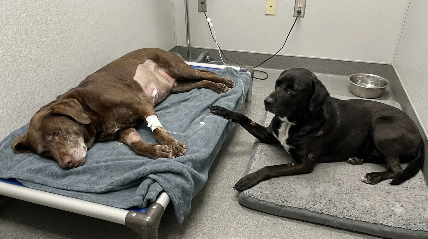 She’s Too Weak to Stand After Surgery, and the Dog Beside Her Refuses to Move His Paw From Her Bed