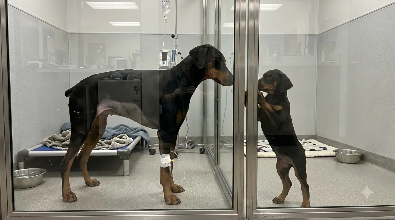 Every Time Her Puppy Appears Behind the Glass, This Mother Doberman Forces Herself Up on Three Legs to Reach Him