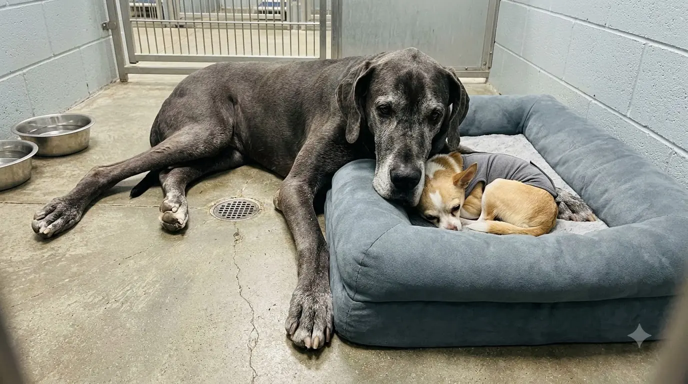 This Arthritic Great Dane Needs the Orthopedic Bed Himself, but Every Night He Leaves the Middle Open for the Tiny Dog Beside Him