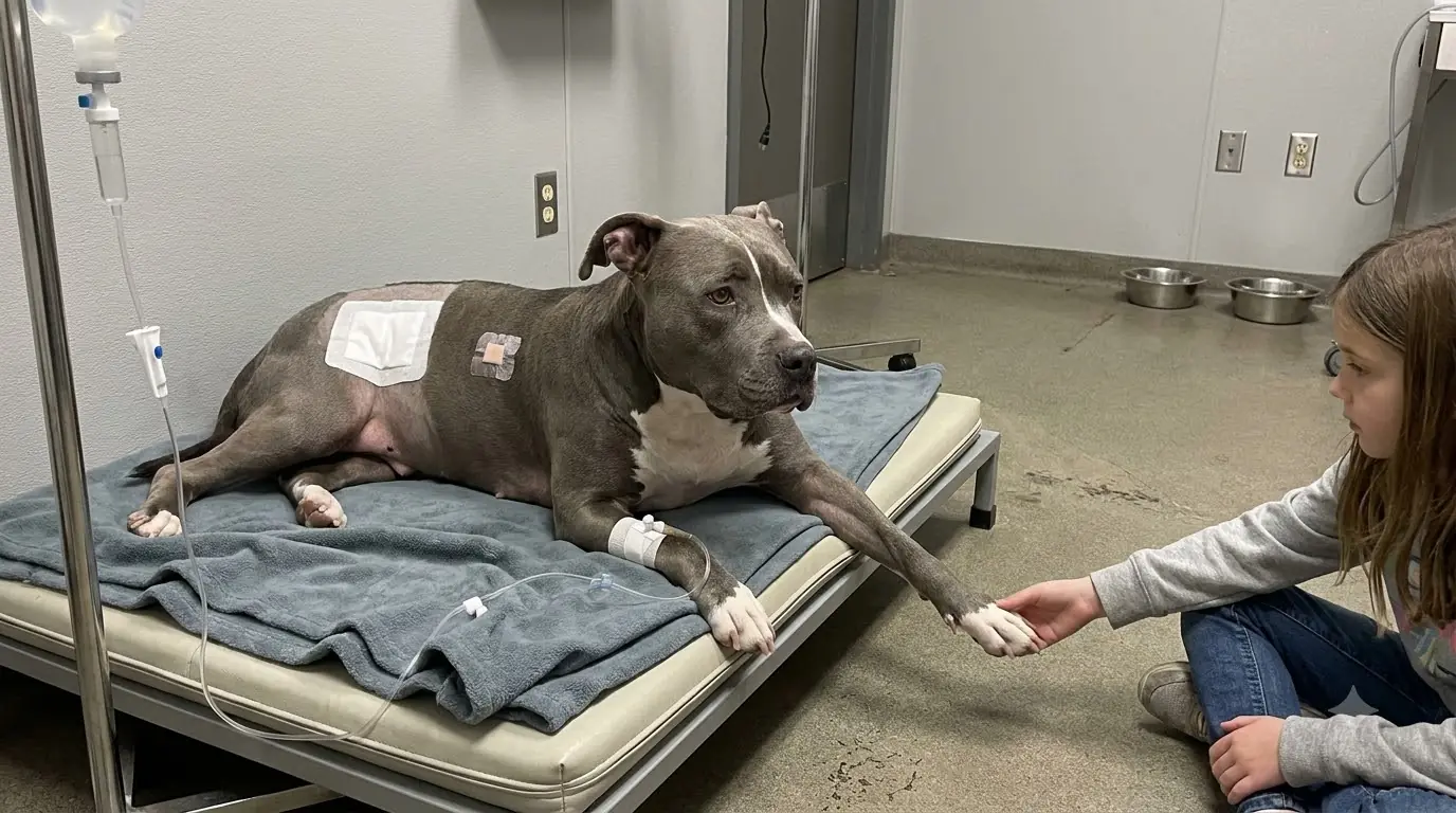 She Can’t Get Off the Recovery Bed, So She Keeps Stretching One Paw Toward the Little Girl Sitting Just Out of Reach