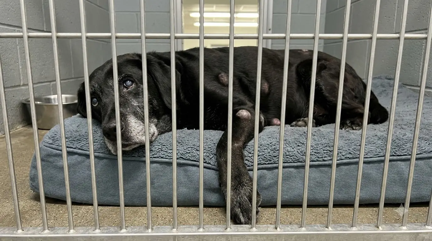 She Has Only Hours Left, but She Still Sleeps With One Paw Outside the Kennel Instead of Using the Bed Behind Her