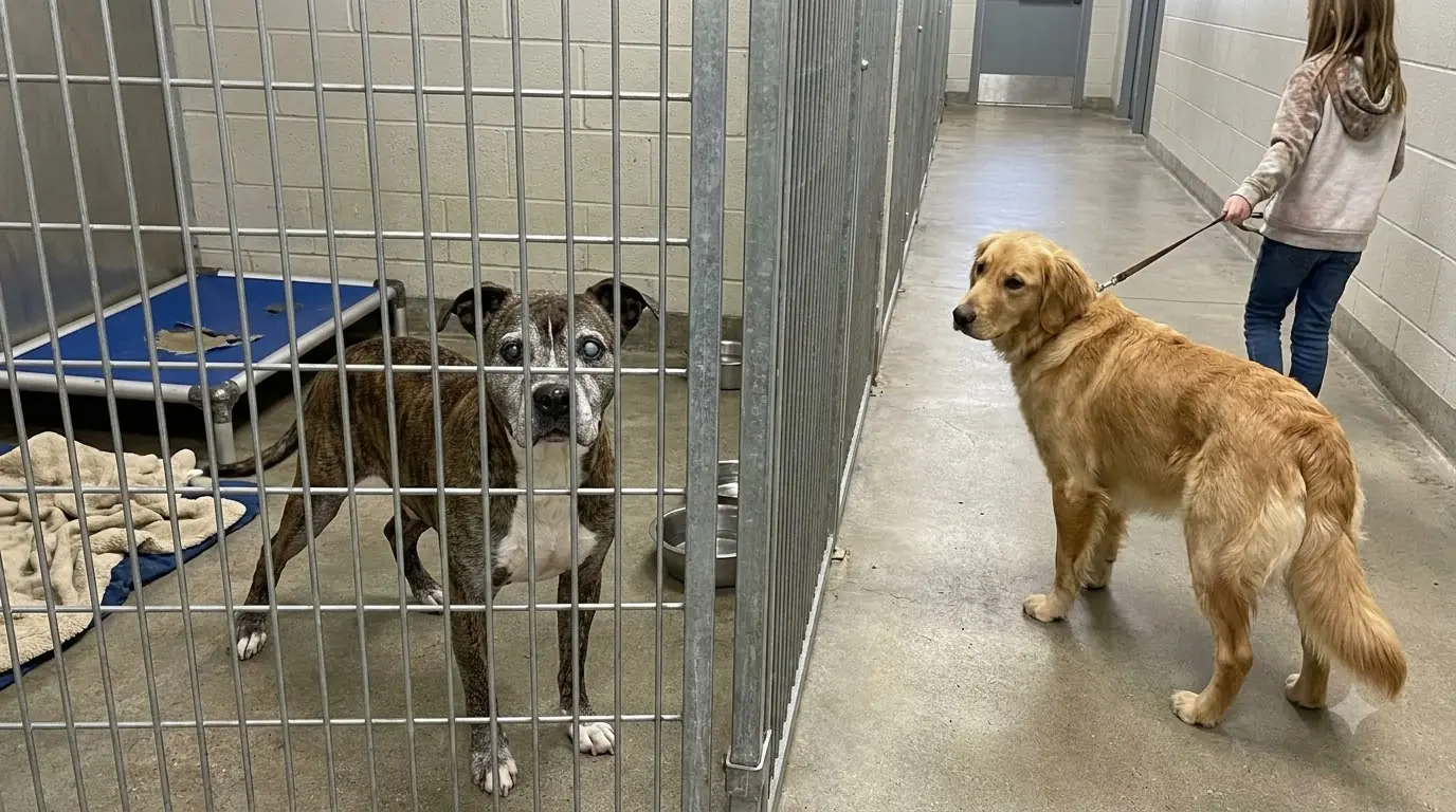The Little Girl Walked Away With the Young Golden, but He Kept Pulling Back Toward the Old Dog Still Behind the Gate