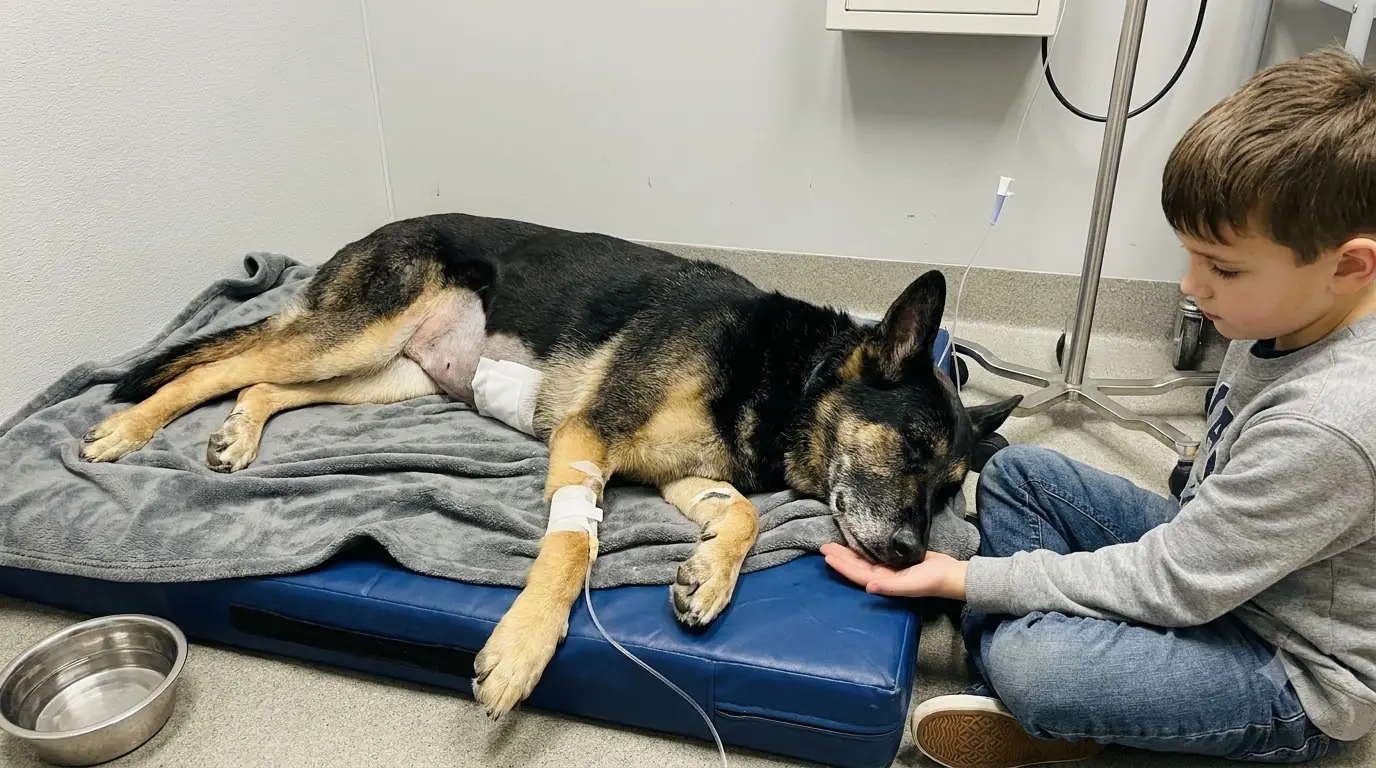 She Could Barely Lift Her Head After Emergency Surgery, but She Kept Searching Until Her Muzzle Found the Little Boy’s Hand