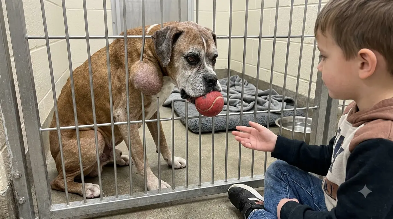 Every Time the Little Boy Pushes the Ball Back Through the Bars, This Sick Senior Boxer Brings It to Him Again