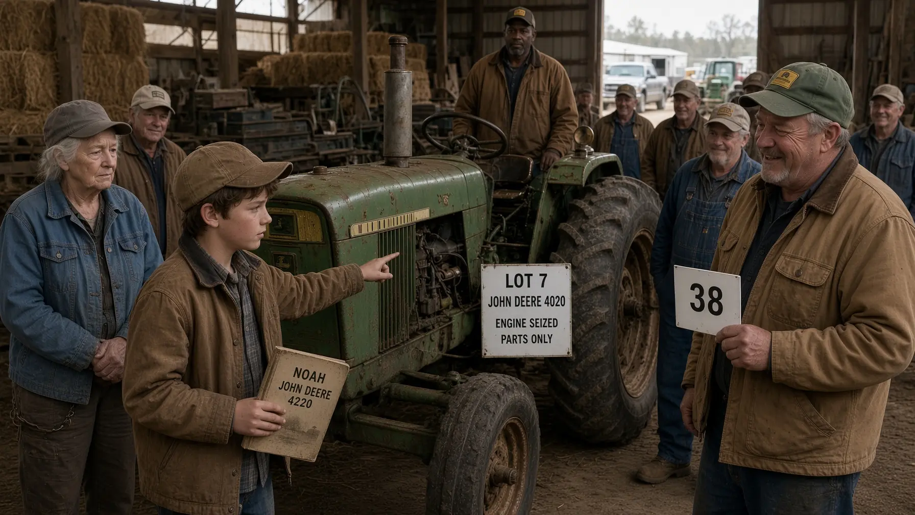 THEY LAUGHED WHEN A 12-YEAR-OLD BID ON THE DEAD JOHN DEERE—THEN HE TOLD THE AUCTIONEER WHAT HE’D FOUND