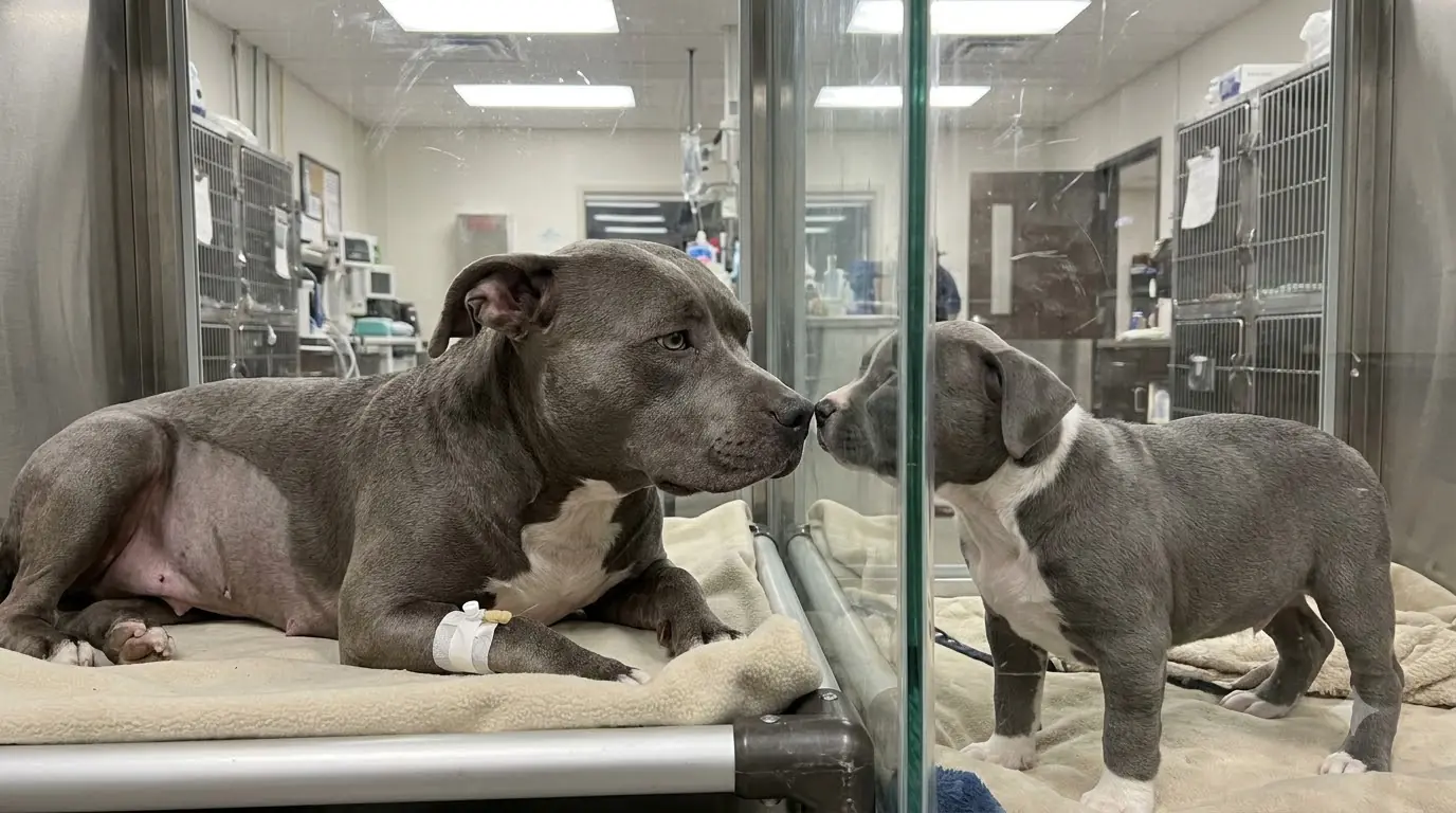 She’s Too Weak to Stand After Surgery, but Every Time Her Puppy Appears Behind the Glass, She Forces Her Head Up to Reach Him