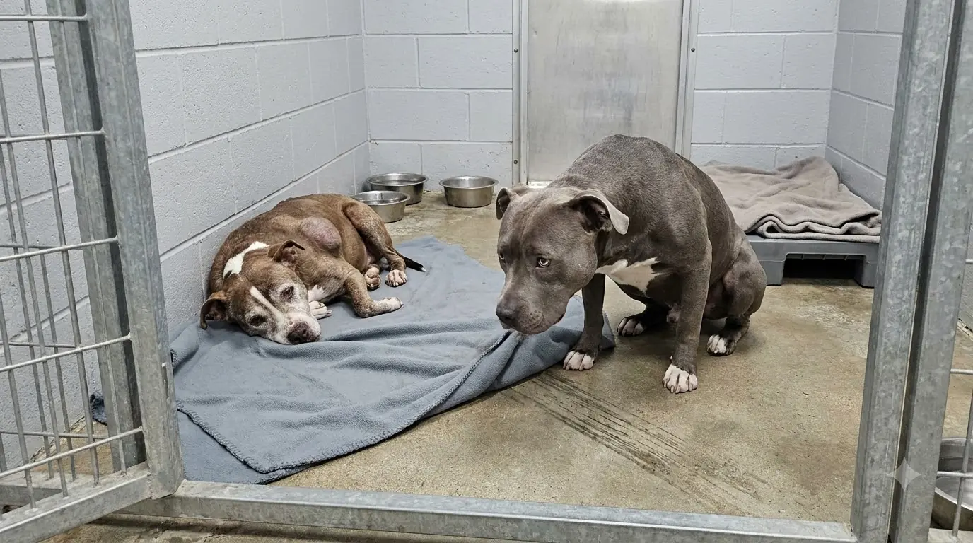 Every Night, This Pit Bull Pushes His Own Bed Across the Kennel Until the Sick Old Dog Beside Him Can Reach It