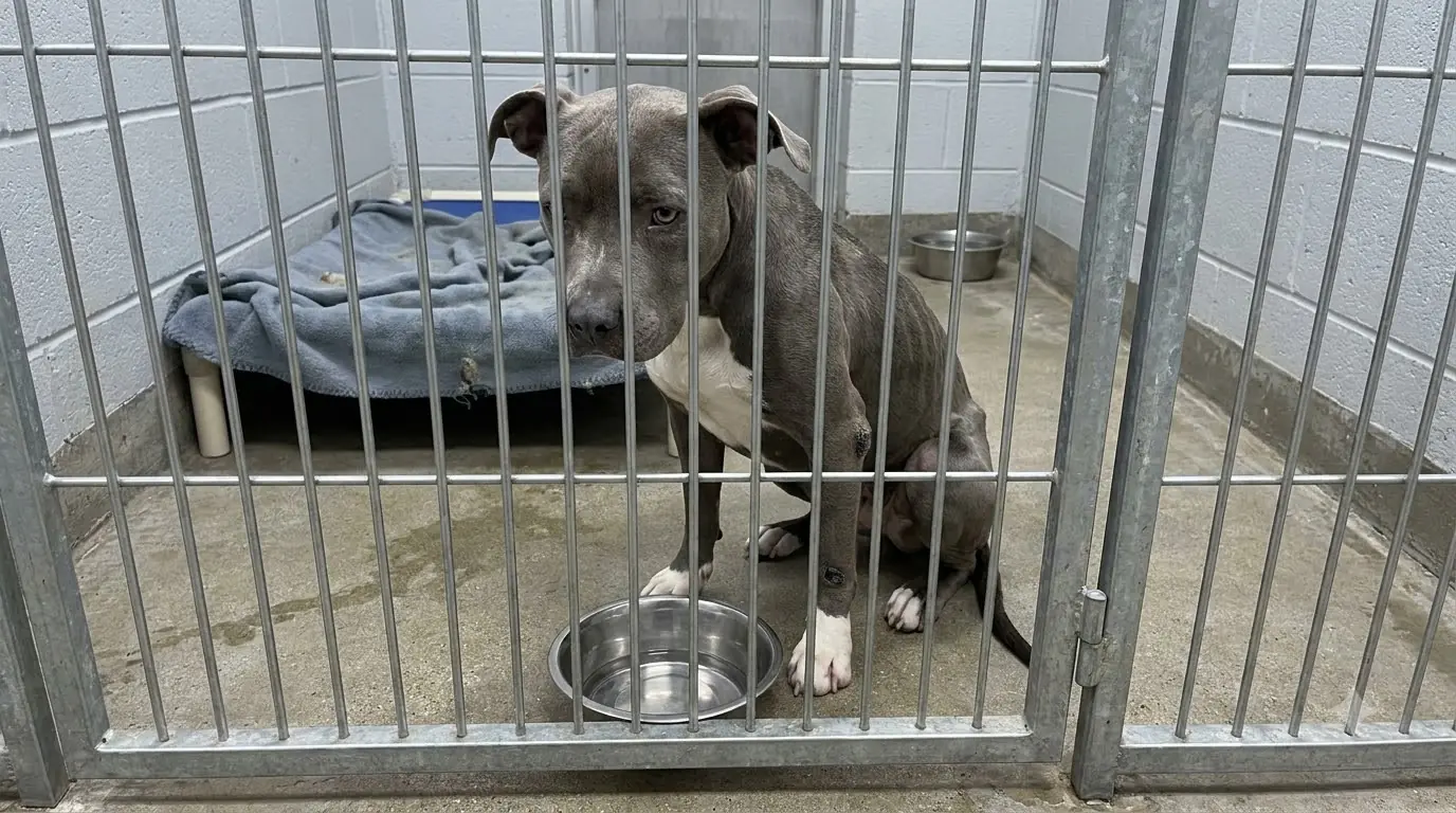 After Every Small Meal, This Starving Pit Bull Carries Her Empty Bowl to the Kennel Door and Waits Beside It