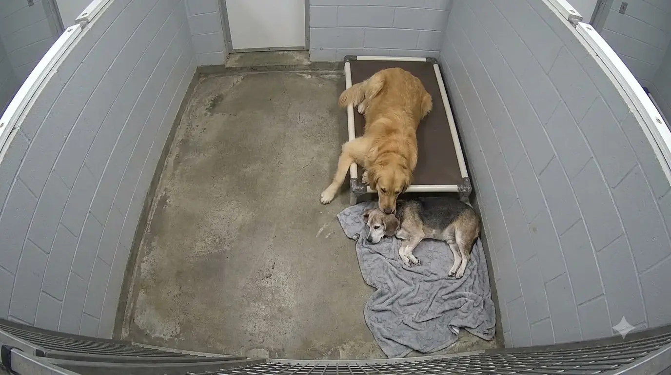 Every Night, This Golden Retriever Hangs Half His Body Off the Bed So the Old Beagle on the Floor Can Sleep Beside Him
