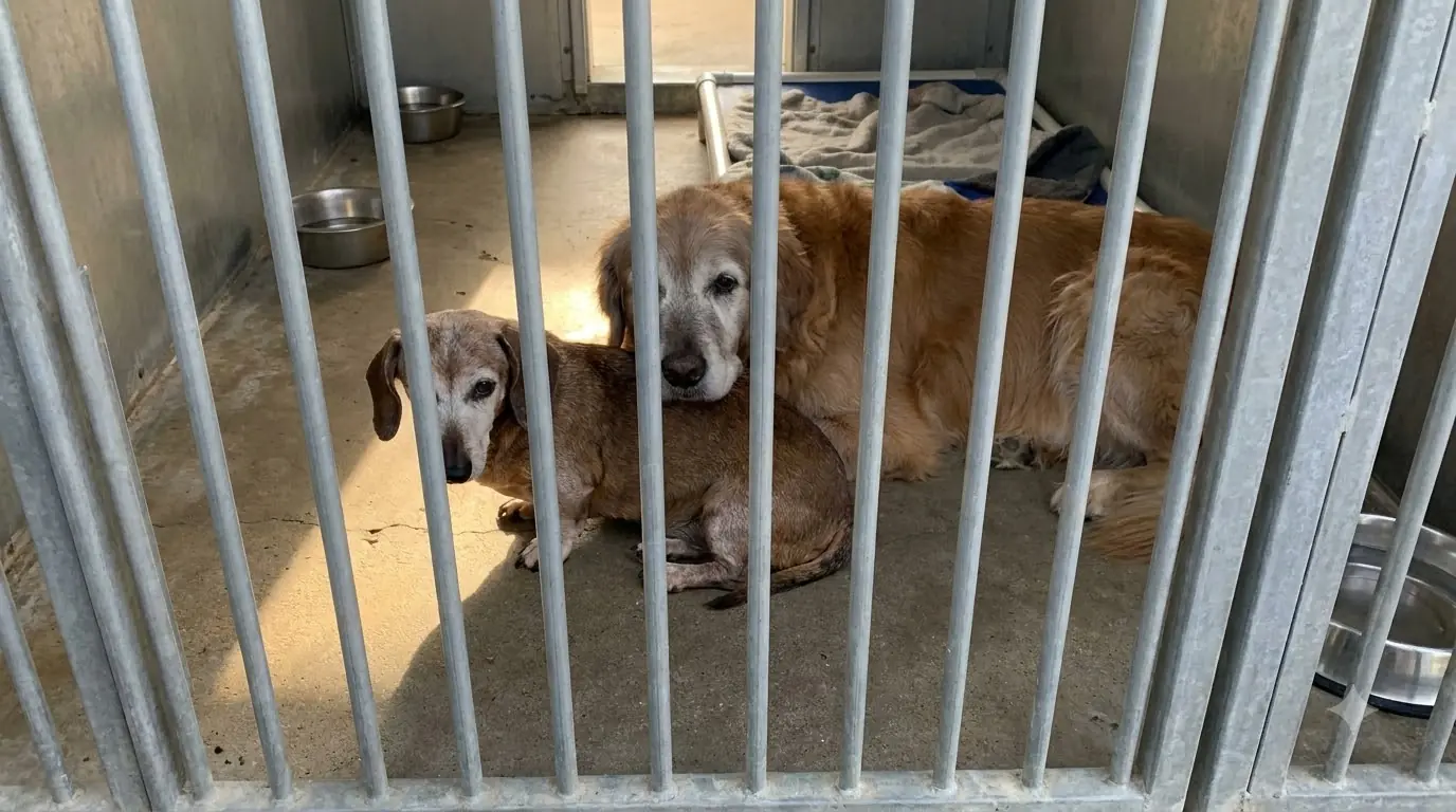 Every Afternoon, This Senior Golden Stops Just Outside the Only Patch of Sun and Leaves It for the Shivering Dachshund Beside Him