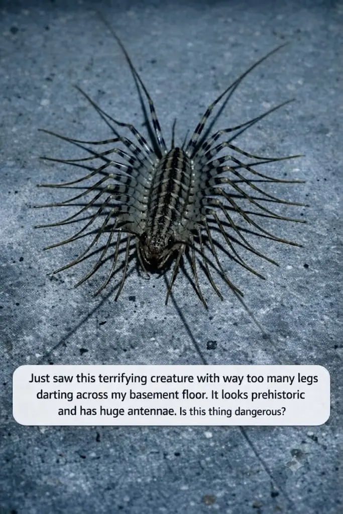 Just saw this terrifying creature with way too many legs darting across my basement floor. It looks prehistoric and has huge antennae. Is this thing dangerous?