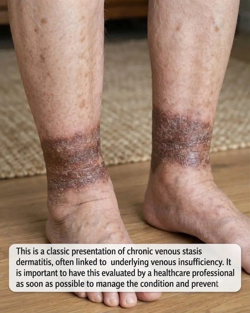 My grandmother keeps getting this rusty brown, scaly discoloration wrapping around her lower legs and ankles. The nurse line is busy. Is this serious?