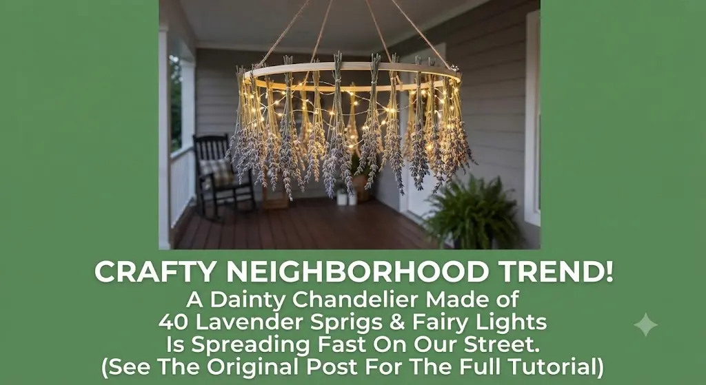 Lady hangs 40 Dollar Store flowers upside down from a wooden hoop and wraps it with fairy lights. Everyone on my street is copying this porch idea