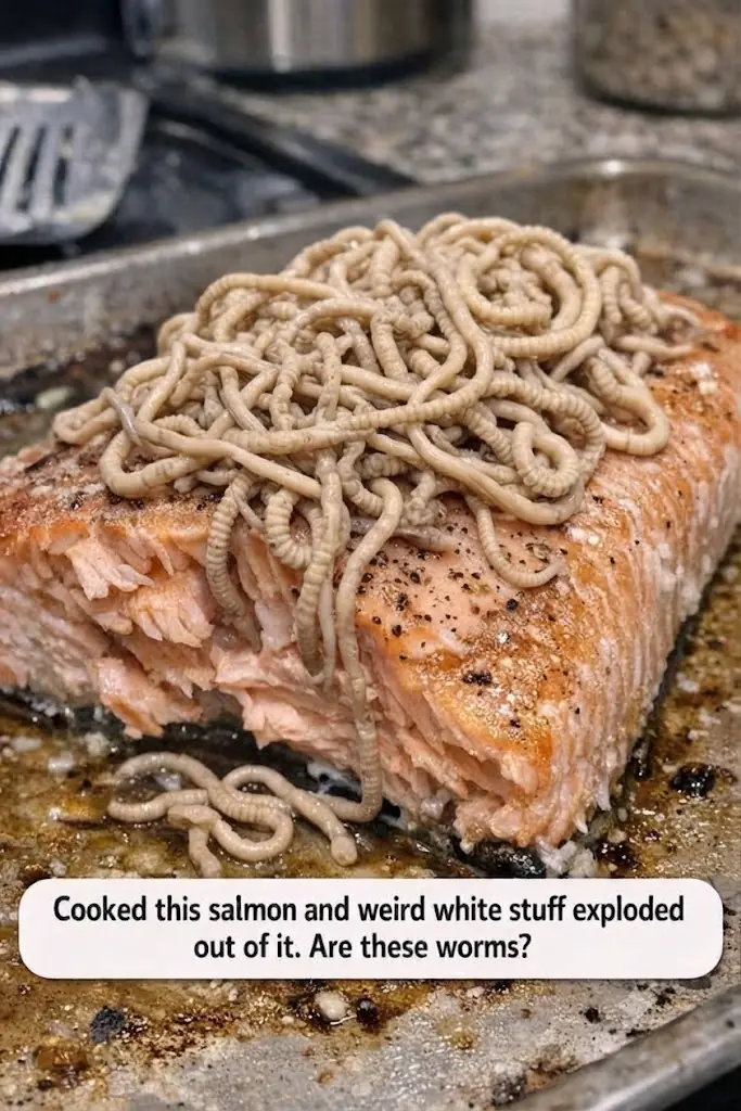 Cooked this salmon and weird white stuff exploded out of it. Are these worms?