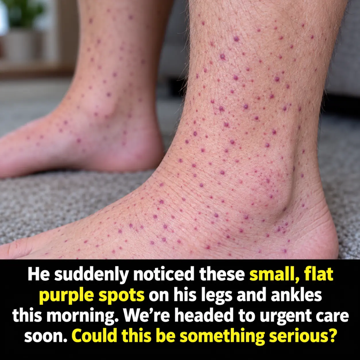 My husband woke up with these tiny flat purple dots spreading all over his lower legs and ankles. We are hours from urgent care. Is this serious?
