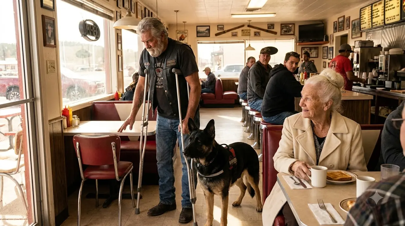 “Can I Sit Here, Ma’am?” — The Disabled Hells Angels Entered Quietly Until His K9 Reacted
