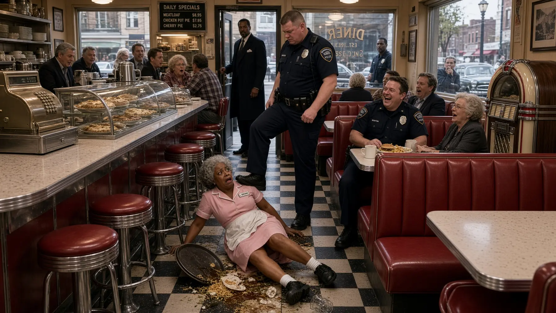 OFFICER MOCKED AN ELDERLY WAITRESS IN A SMALL-TOWN DINER — THEN A MAN AT THE DOOR SAID HIS NAME