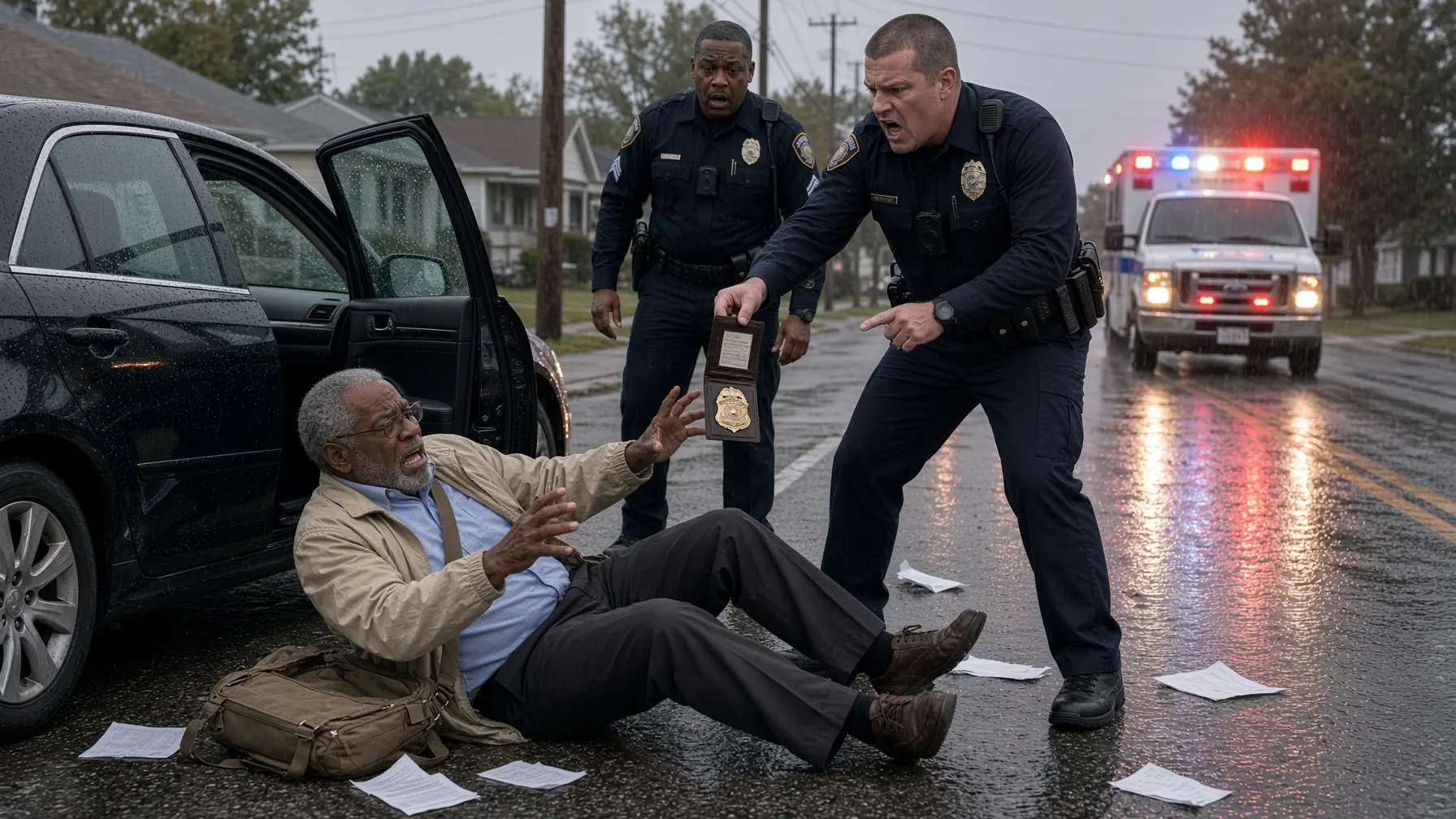 OFFICER SHOVED AN ELDERLY DRIVER INTO THE RAIN — THEN HIS CANVAS BAG BURST OPEN AT THE CURB