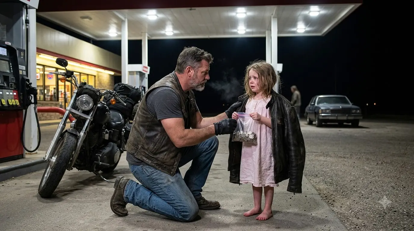 A Barefoot Little Girl Asked a Biker for Milk at Midnight — Then Something Moved Beyond the Gas Station Lights