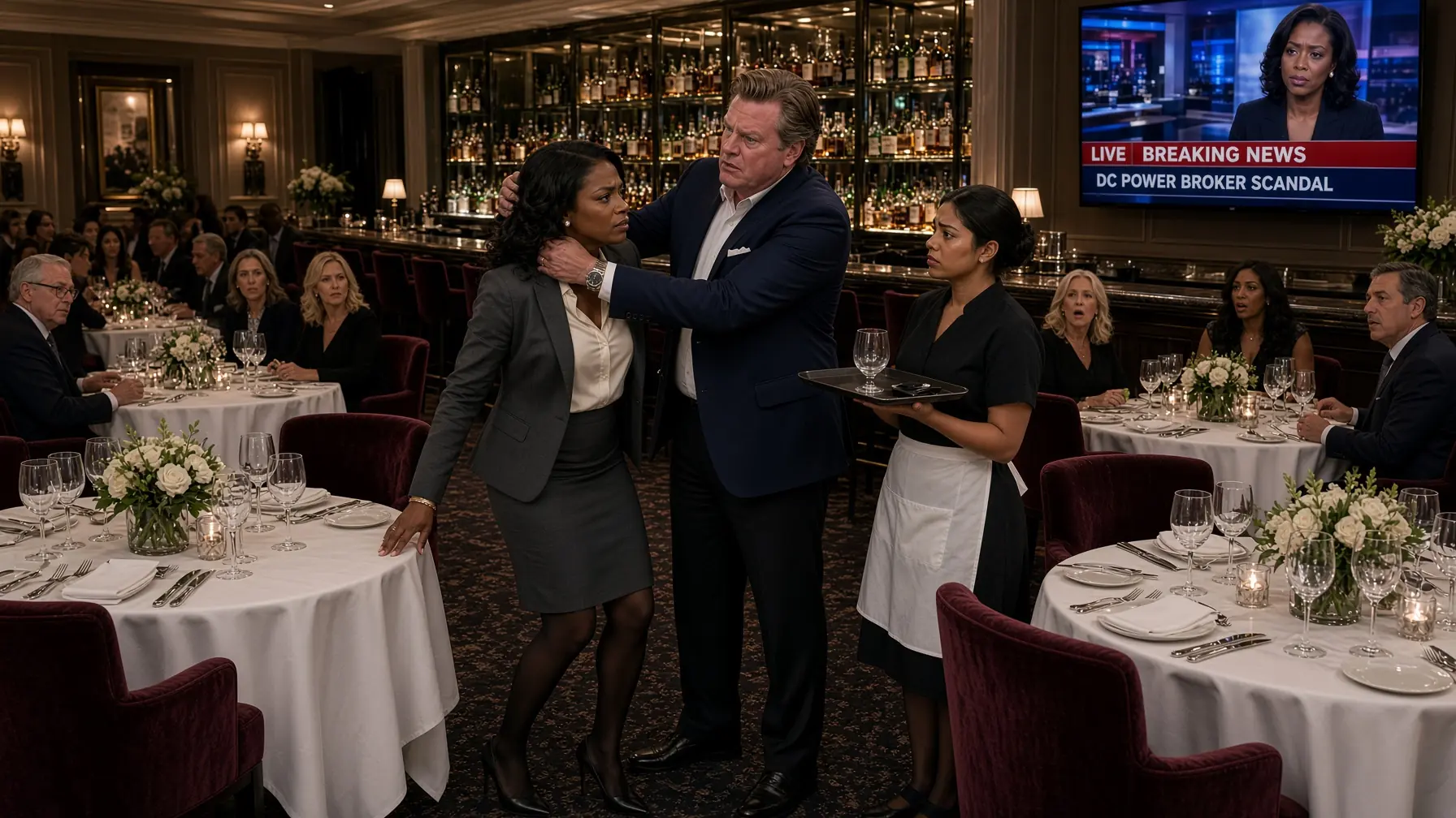 A Wealthy Diner Grabbed Her Hair Beside the Table — Then the Evening News Lit Up the Wall Behind Him