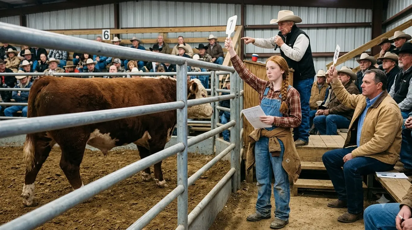 Eleven Cattlemen Called the Hereford Bull “Finished” — Then a 16-Year-Old Farm Girl Raised Her Paddle and Made a Land Developer Panic