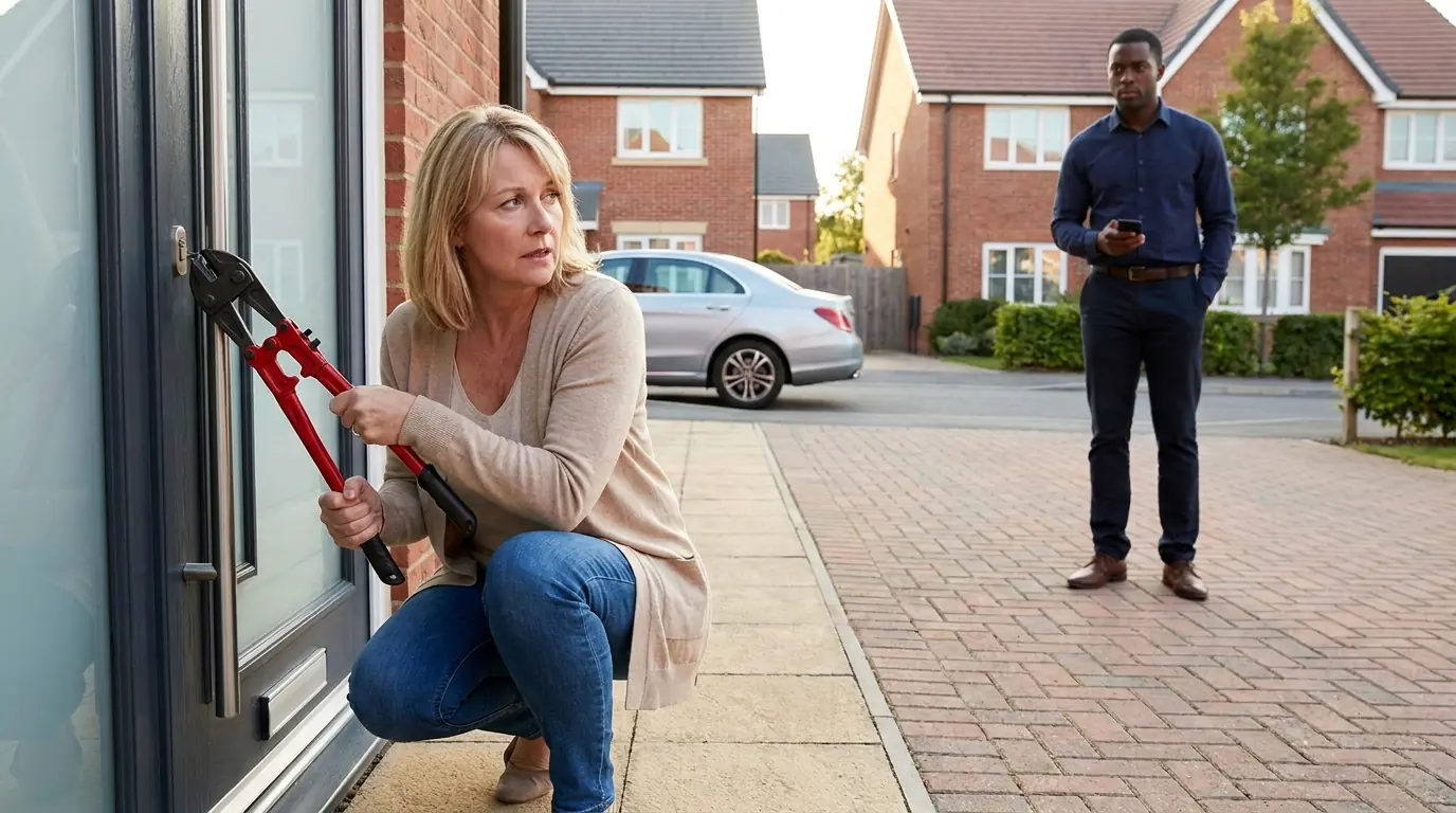 A WOMAN TOOK BOLT CUTTERS TO HIS FRONT DOOR — THEN HE CAME HOME BEFORE SHE COULD GET INSIDE