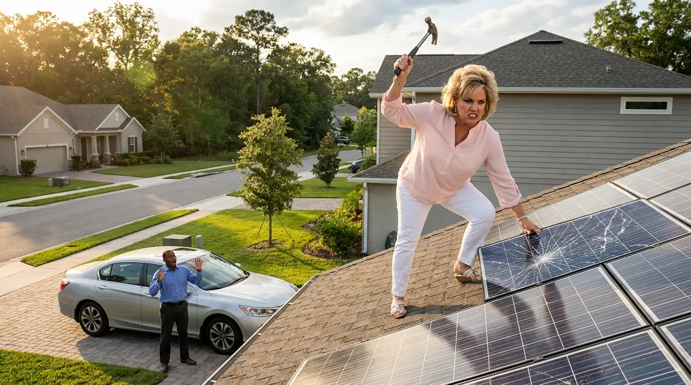 HOA Karen Climbed Onto My Roof and Started Smashing My Solar Panels — Then She Pointed the Hammer at Me Like I Was the One Breaking the Rules