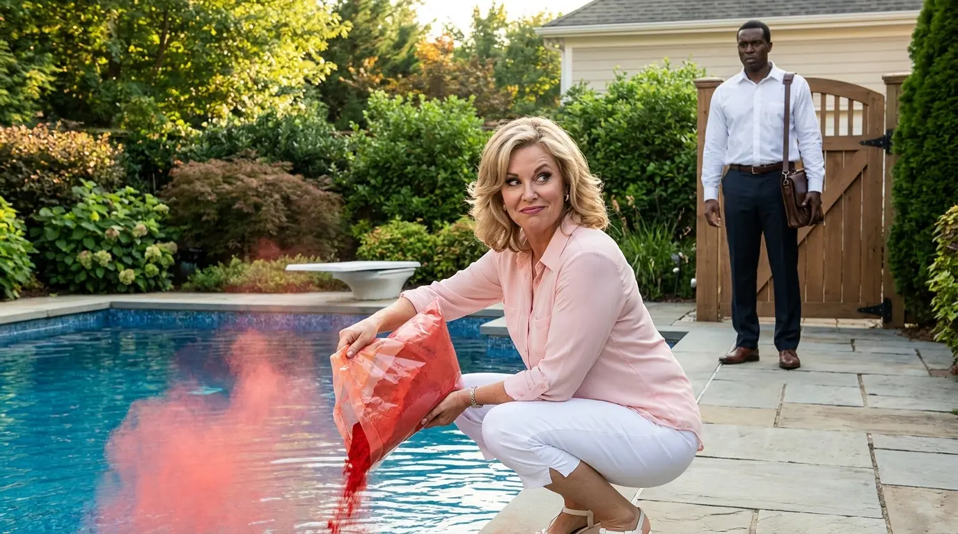 A WOMAN SLIPPED INTO HIS BACKYARD AND EMPTIED A RED BAG INTO THE POOL — THEN THE MAN AT THE GATE SET DOWN HIS WORK BAG