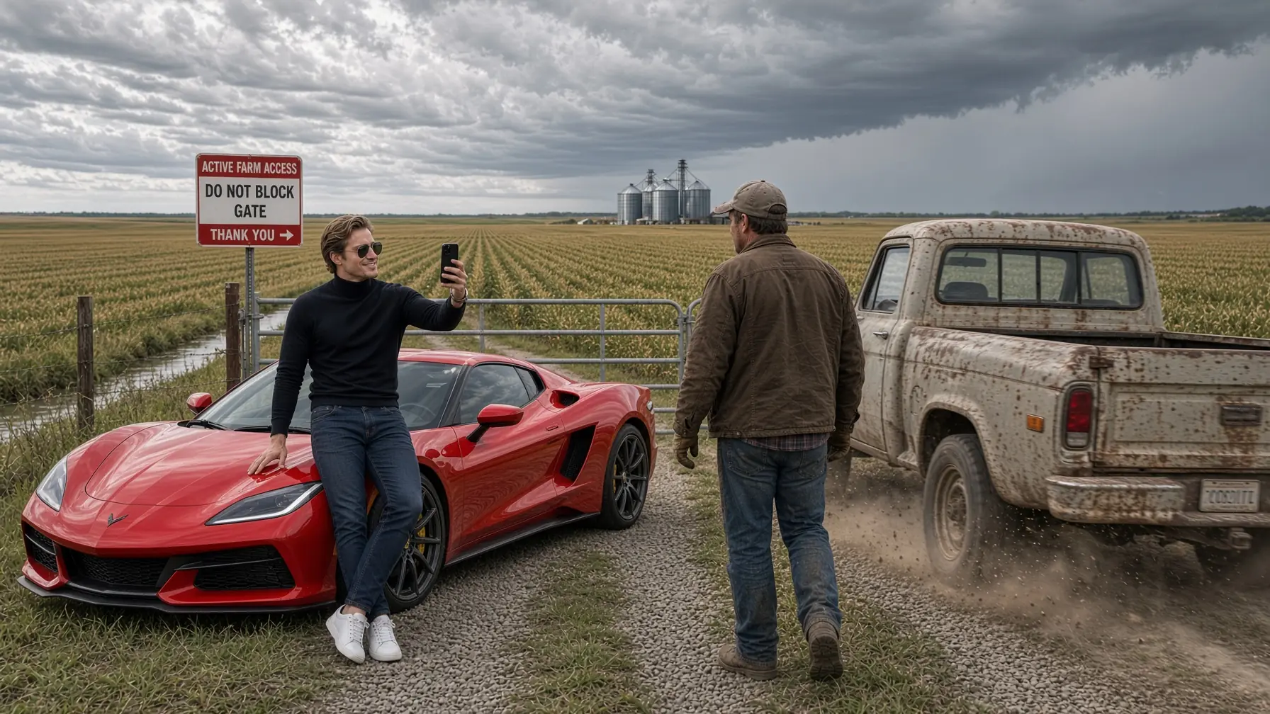 A RED SUPERCAR BLOCKED THE ONLY GATE TO HIS SOYBEAN FIELD — THEN THE HARVEST CREW CAME OVER THE HILL BEFORE SUNSET