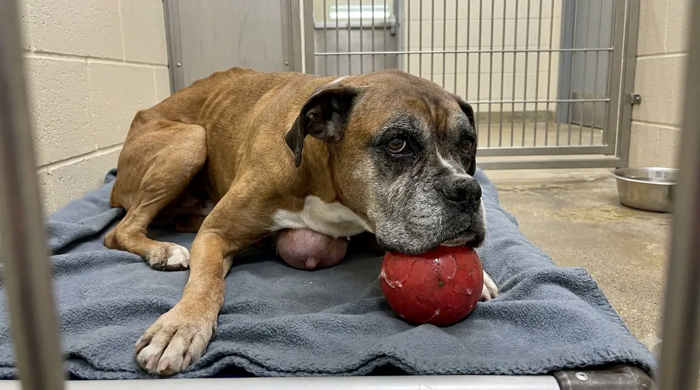 Bruno’s Cancer Has Left Him Too Weak to Hold His Ball, but He Still Tries When Someone Stops at His Kennel