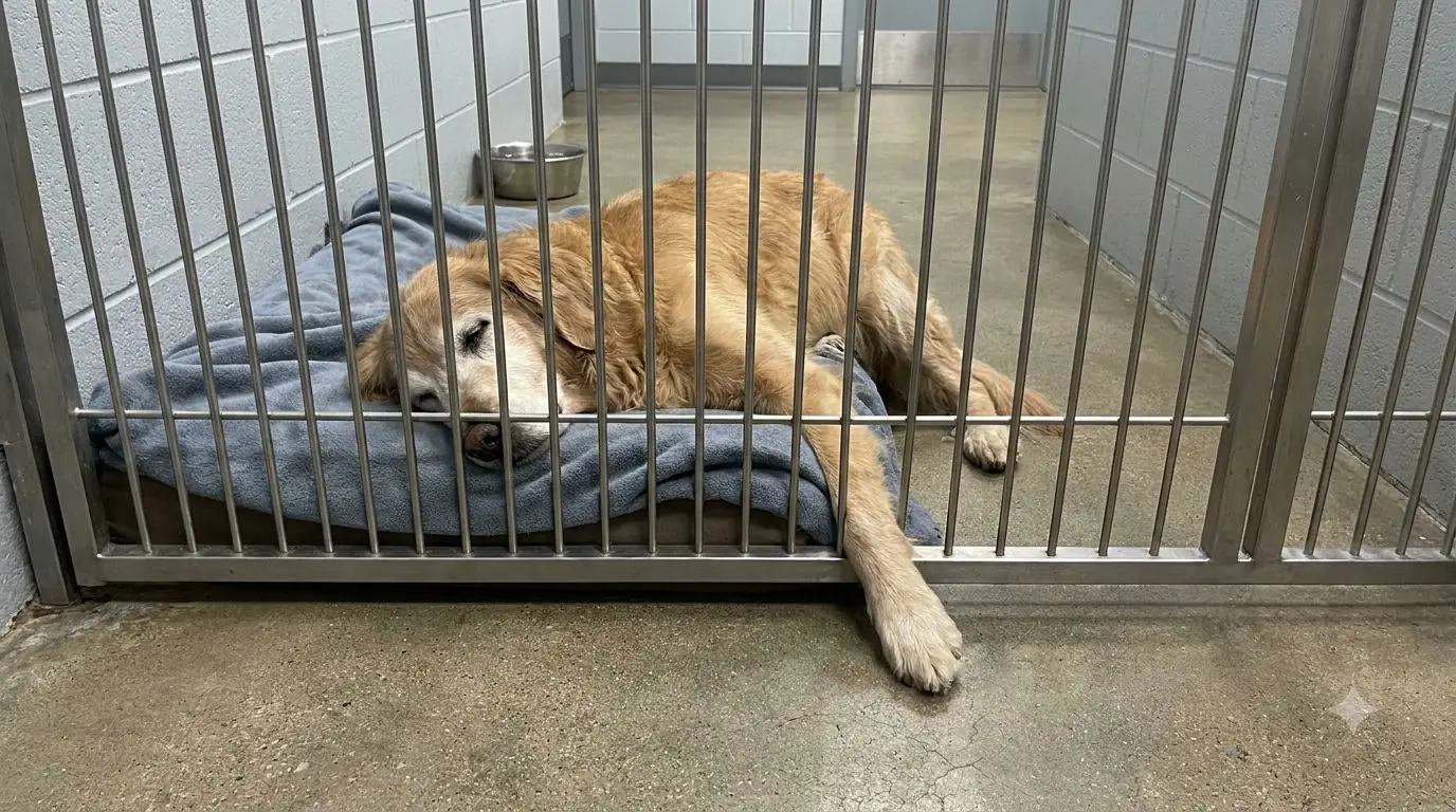 Daisy Is Too Weak to Stand, but She Still Sleeps With One Paw Reaching Through the Kennel Bars