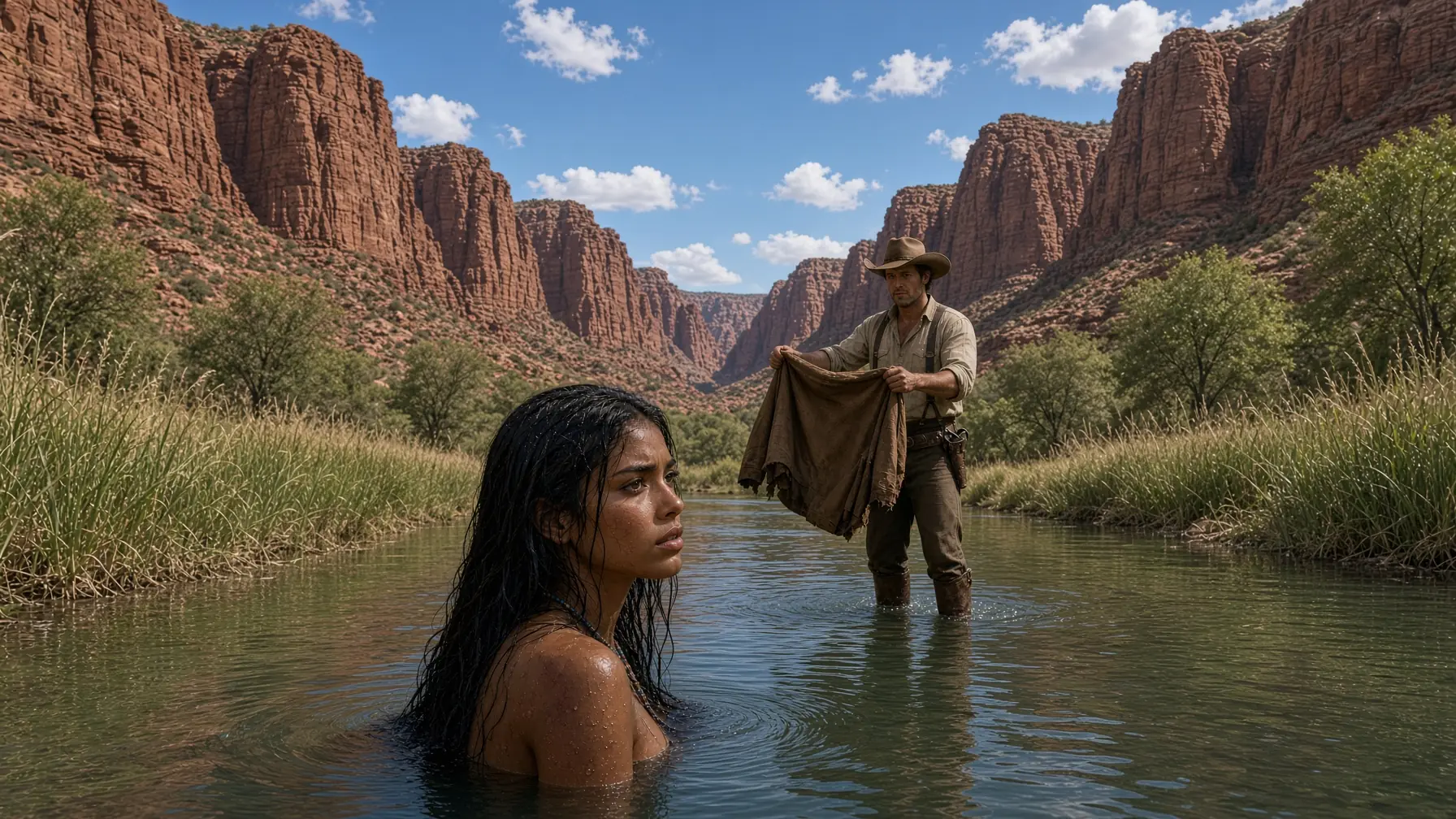 “They Stole My Clothes Cowboy, Please Help Me!,” Said the Apache Woman Bathing in the Lake!
