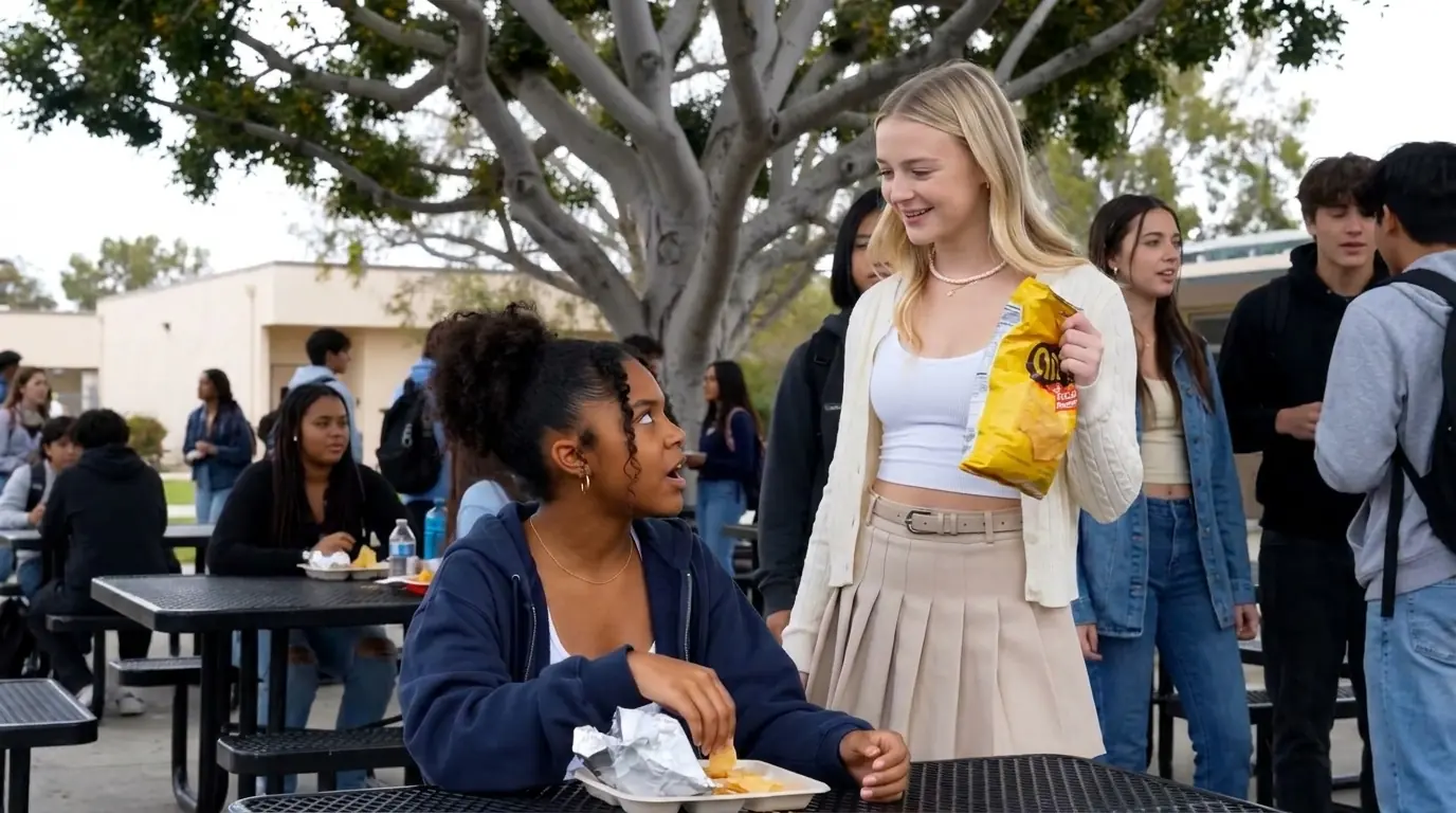 She Snatched the Quiet Girl’s Chips to Humiliate Her at Lunch—Then the Whole Courtyard Saw Who Threw the First Punch