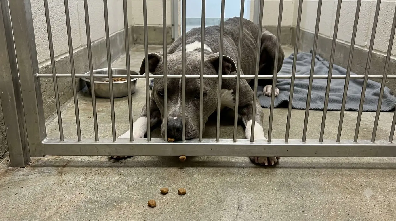Mason Keeps Pushing Pieces of His Dinner Outside the Kennel, but He Never Tries to Get Them Back
