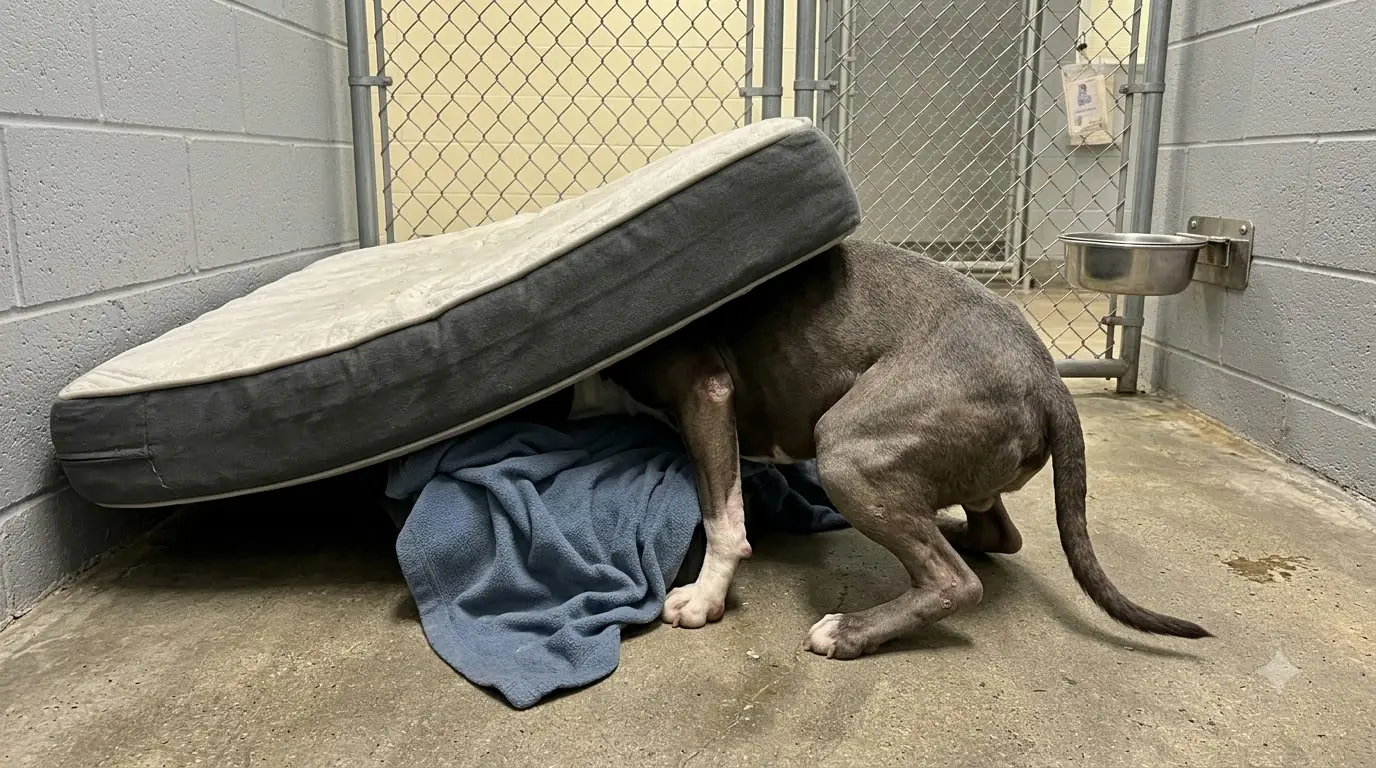 Diesel Was Rescued From a Hot Garage, but He Keeps Crawling Under His Shelter Bed