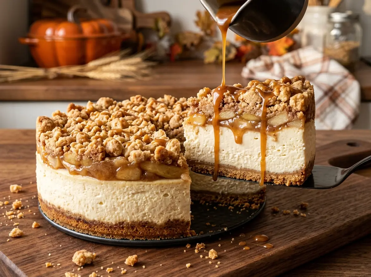 Caramel Apple Pie Cheesecake – Creamy, Spiced & Covered in Buttery Crumble