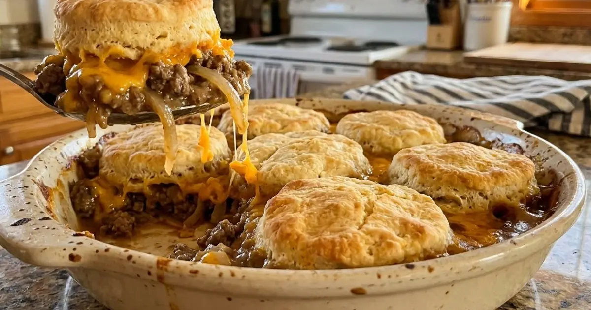 Smothered Beef & Onion Biscuit Bake – Savory, Cheesy & Comforting