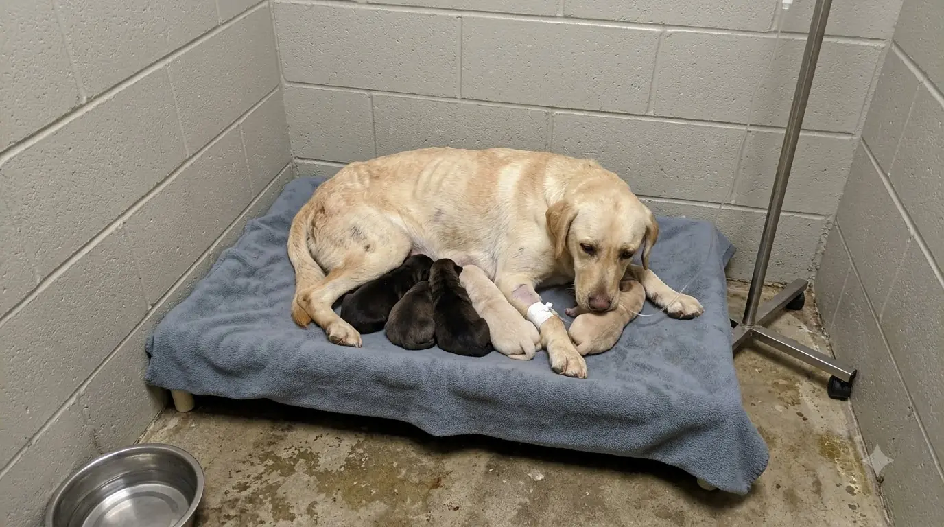 Willow Is Barely Strong Enough to Stand, but She Won’t Sleep Until All Five Puppies Are Beneath Her