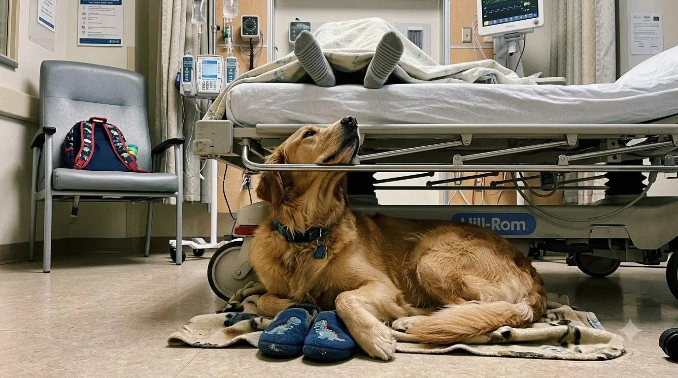 Charlie Won’t Leave the Foot of His Little Owner’s Hospital Bed