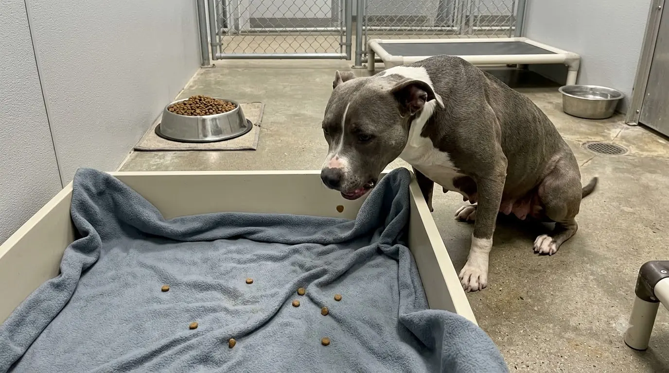 Rosie Keeps Carrying Pieces of Her Dinner Back to the Bed Her Puppies No Longer Sleep In