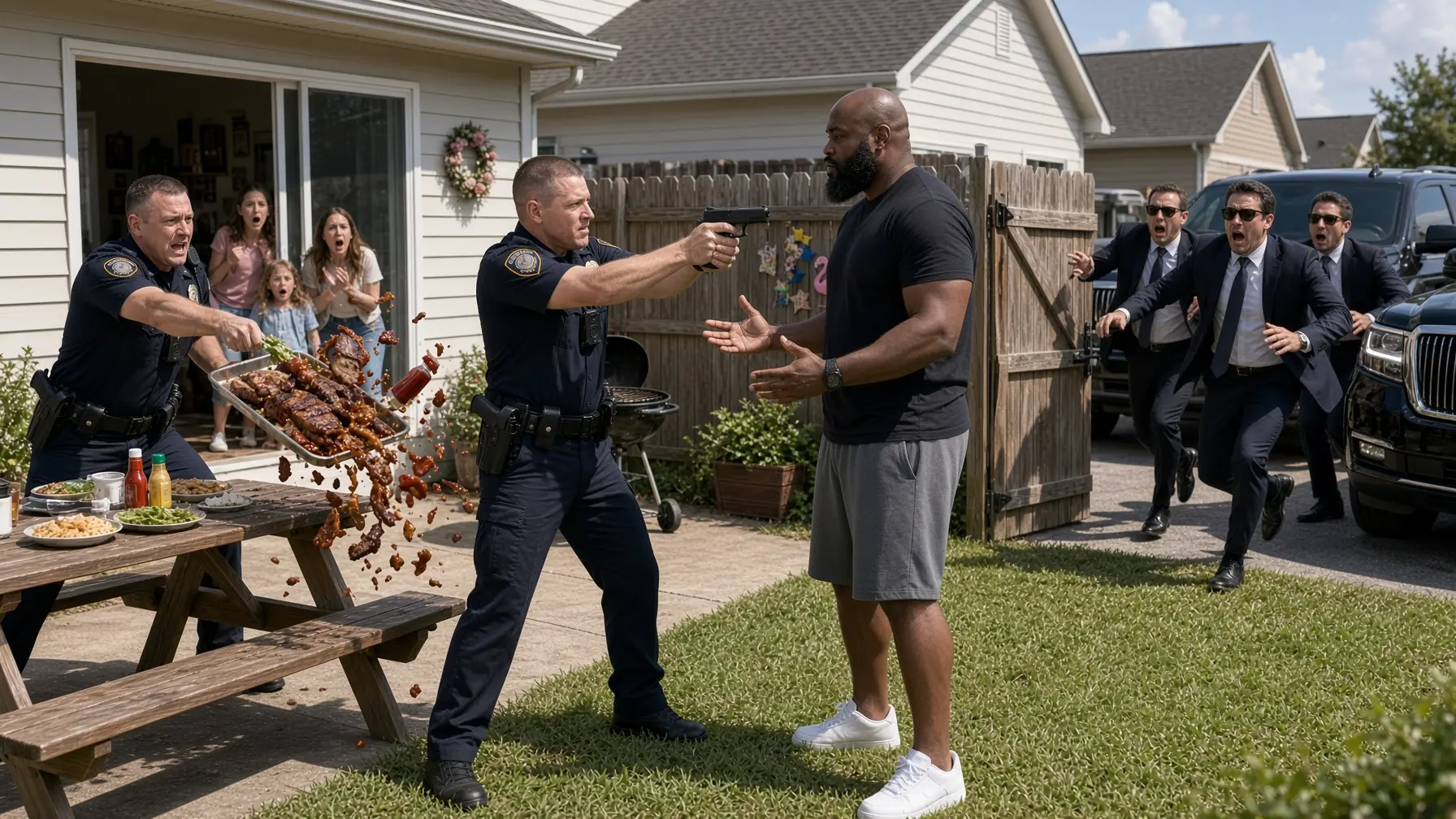 SERGEANT POINTED A GUN AT A BLACK MAN IN HIS OWN BACKYARD — THEN BLACK SUVs STOPPED OUTSIDE THE GATE