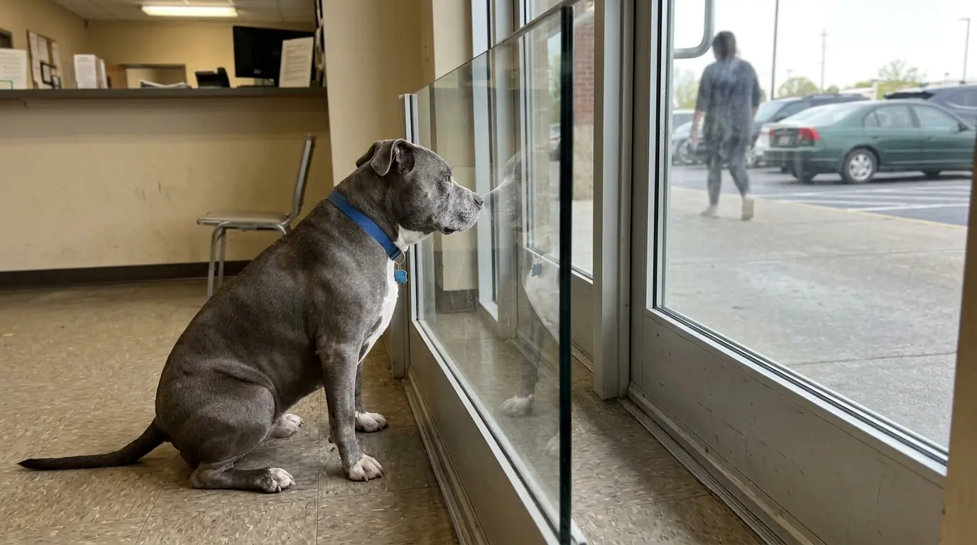 Rocky Still Runs to the Shelter’s Glass Door Whenever a Car Pulls Into the Parking Lot—Then Sits Down When Someone Else Walks In