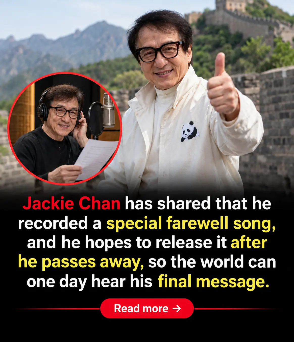 Jackie Chan Reveals He Has Recorded a Farewell Song to Be Released Only After His Death