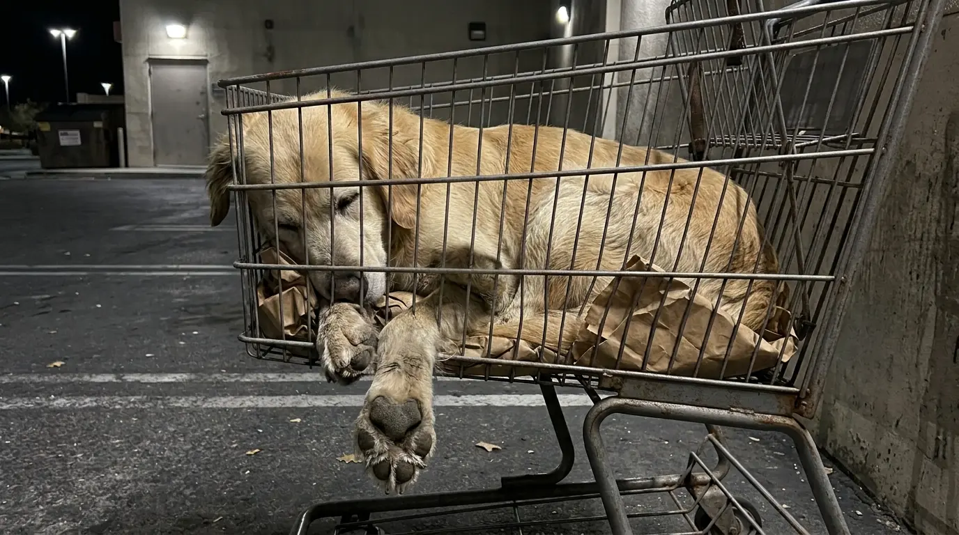 Buddy Returns to the Same Abandoned Shopping Cart Every Night—But the Cracked Paws Explain Why the Parking Lot Is Harder